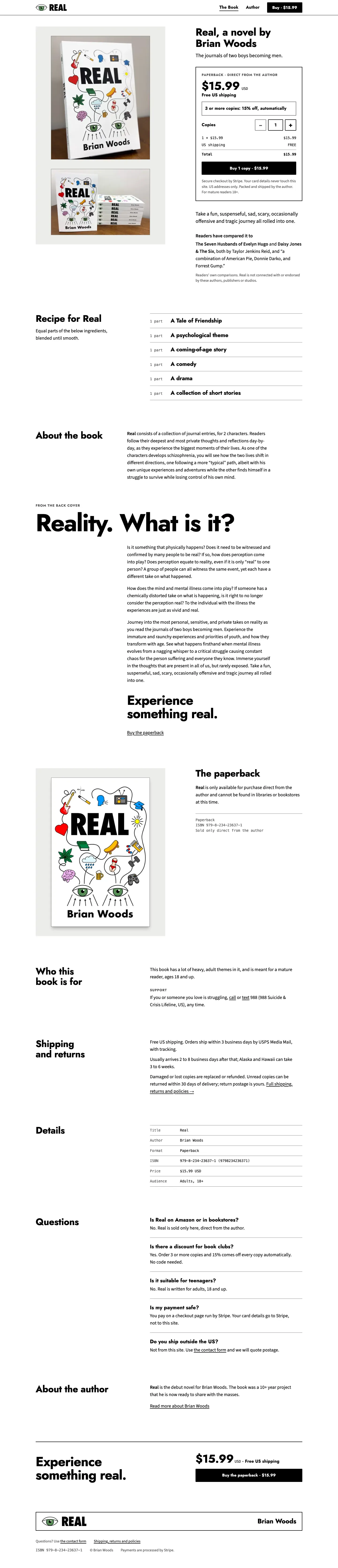 The whole Real by Brian Woods page on a laptop, from top to bottom